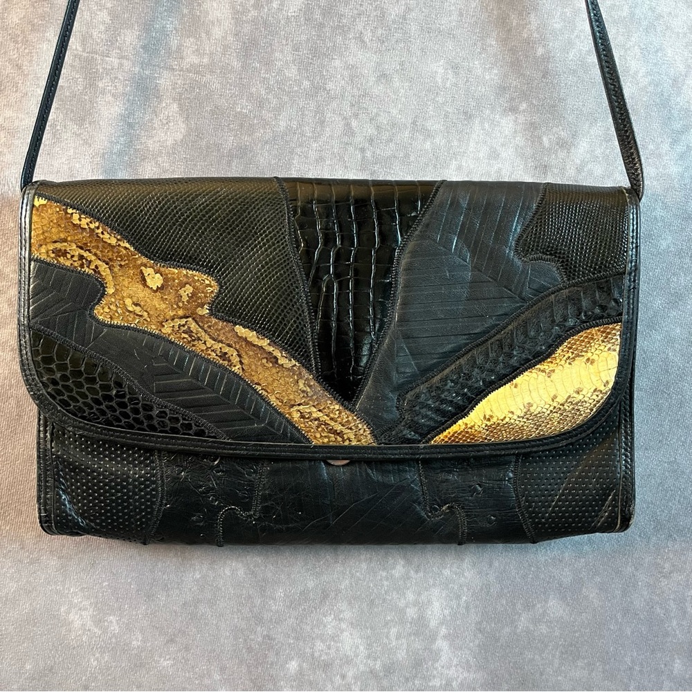 Vintage Palizzio Bag‎ Leather & Snake Skin Crossbody Evening Purse Black 90s Y2K